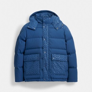 Férfi COACH® Signature Front Pocket Puffer Kabát Mélykék | HUAHL162