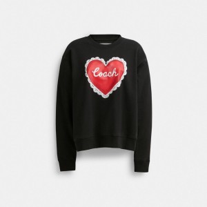 Női COACH® Heart Crewneck Pulóver Fekete | HUDFO476