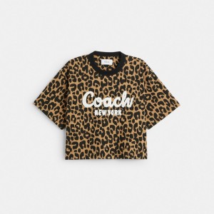 Női COACH® Leopard Cursive Signature Cropped Póló Leopárd | HUFDI502