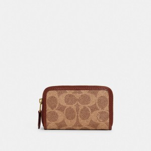 Női COACH® Small Zip Around Card Case In Signature Canvas Kézitáska Barna Piros | HUMQI853