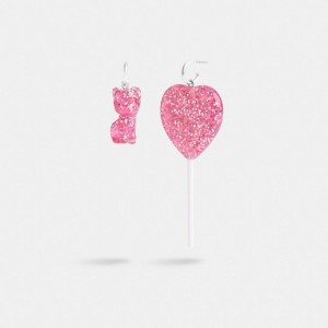 Női COACH® The Lil Nas X Drop Cat And Heart Lollipop Mismatch Earring Titán Rózsaszín | HUQML567