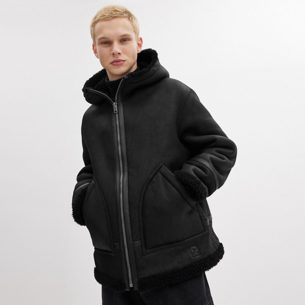 Férfi COACH® Reversible Shearling Kabát Fekete | HUILH159