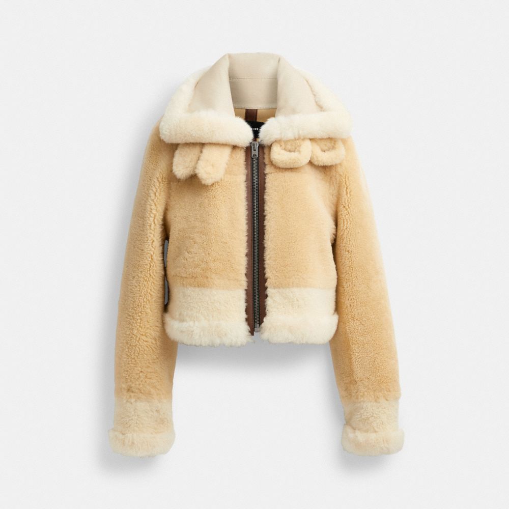 Női COACH® All Over Shearling Shrunken Aviator Kabát Krém Színes | HUFDS425