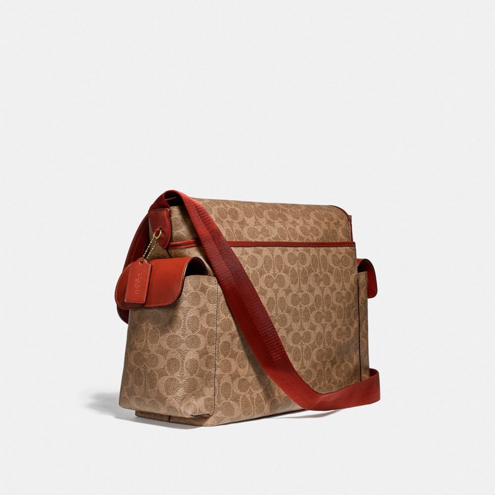 Női COACH® Baby Messenger In Signature Canvas Kézitáska Barna Piros | HUOKQ819