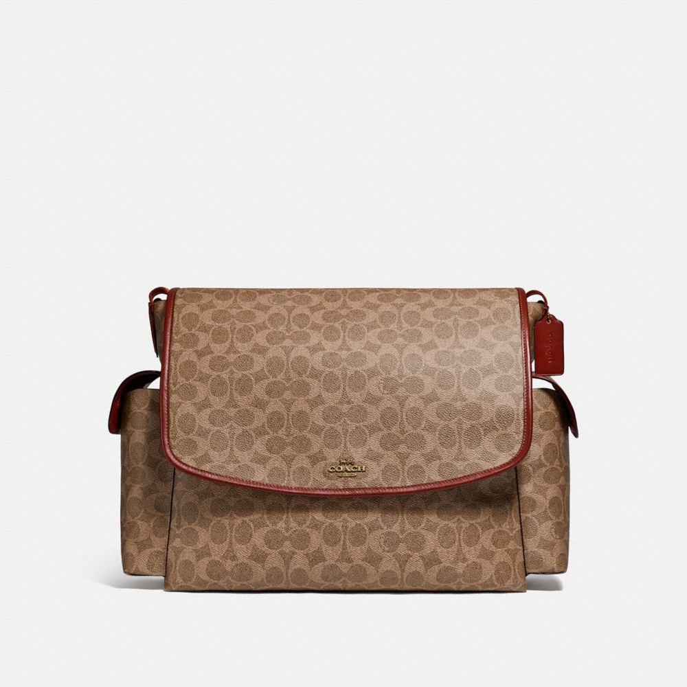 Női COACH® Baby Messenger In Signature Canvas Kézitáska Barna Piros | HUOKQ819