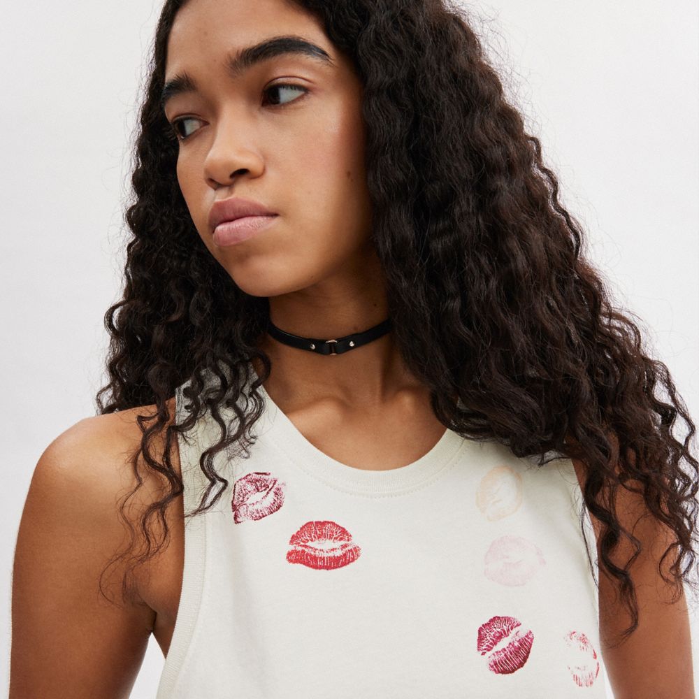 Női COACH® Buy Now Lip Print Top Ujjatlan Póló Fehér | HUWNZ514