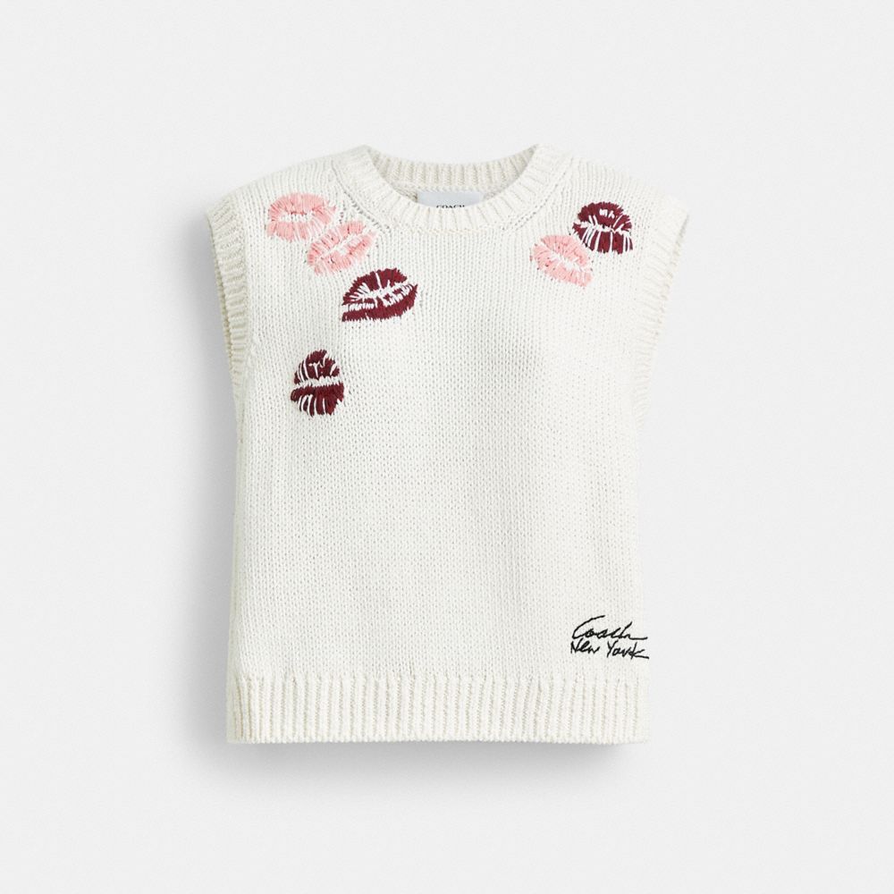 Női COACH® Buy Now Lip Print Vest Pulóver Krém Színes | HUAHU474