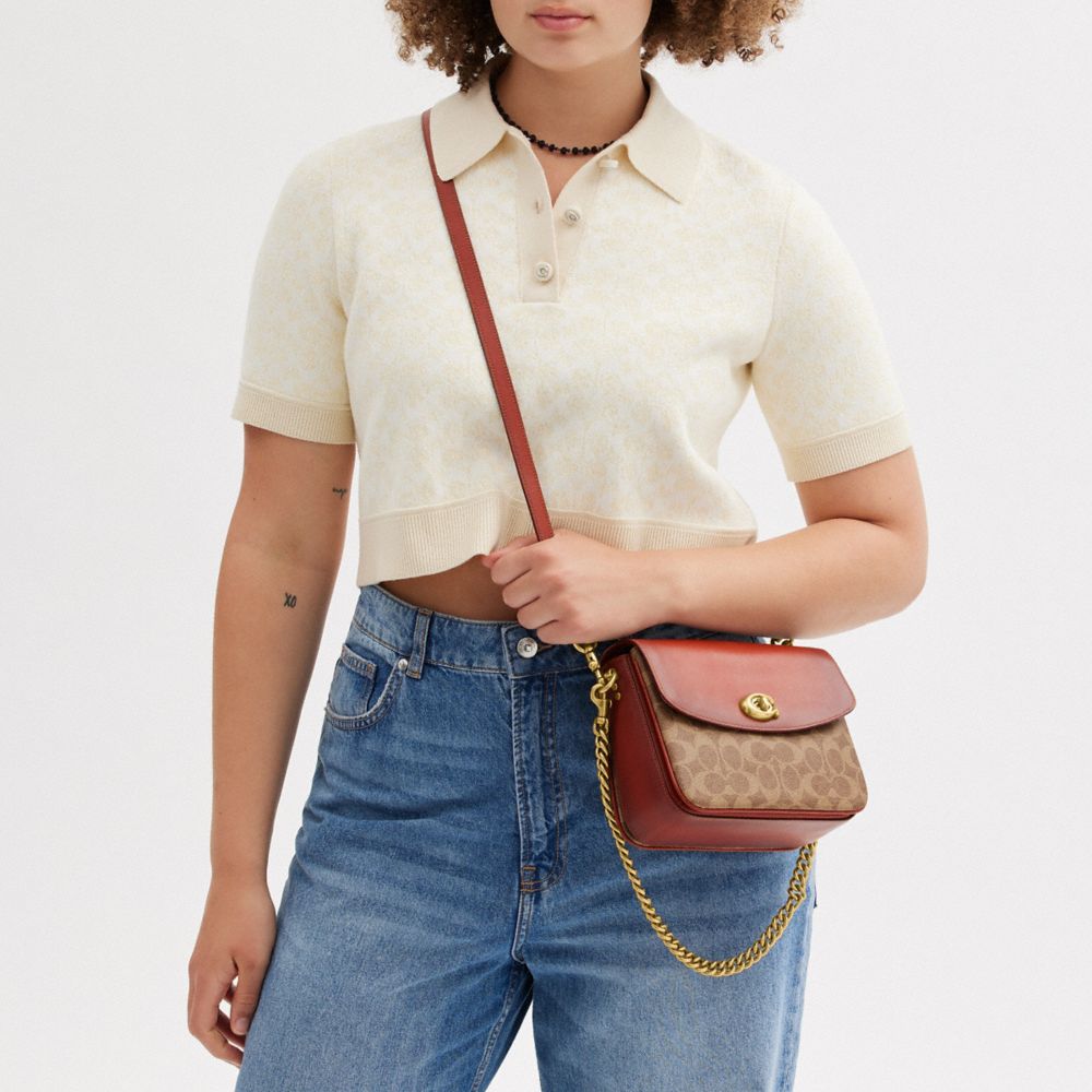 Női COACH® Cassie 19 In Signature Canvas Crossbody Táska Barna Piros | HURVI772