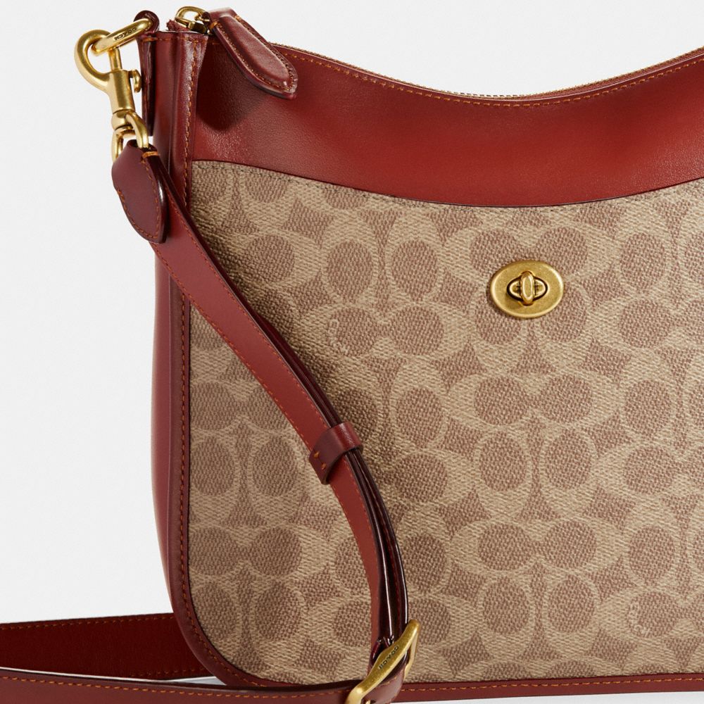 Női COACH® Chaise In Signature Canvas Crossbody Táska Barna Piros | HUQMS776