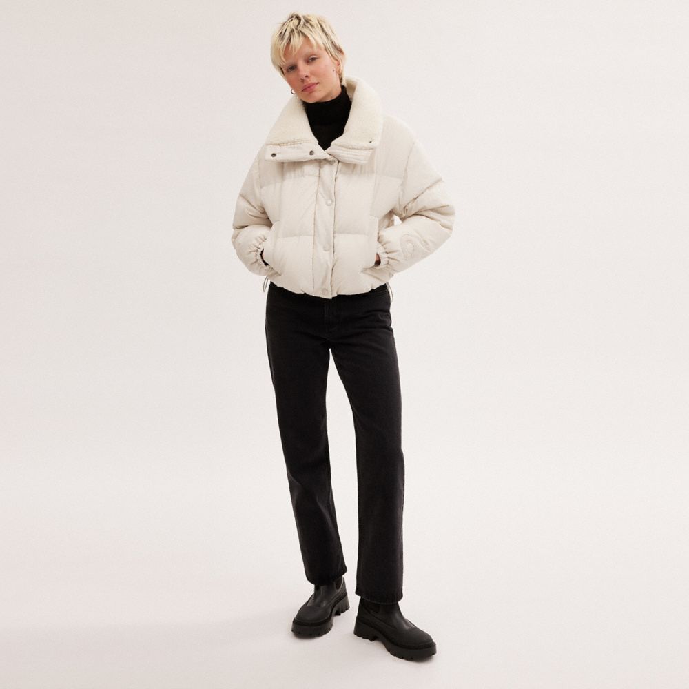 Női COACH® Cropped Puffer With Sherpa Kabát Fehér | HUHAF427