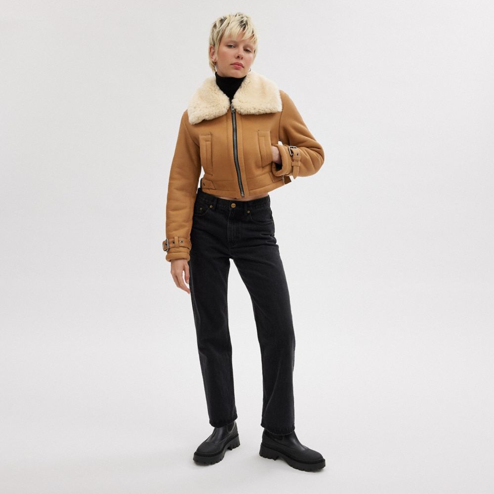 Női COACH® Cropped Shearling Aviator Kabát Barna Színes | HUBEW388