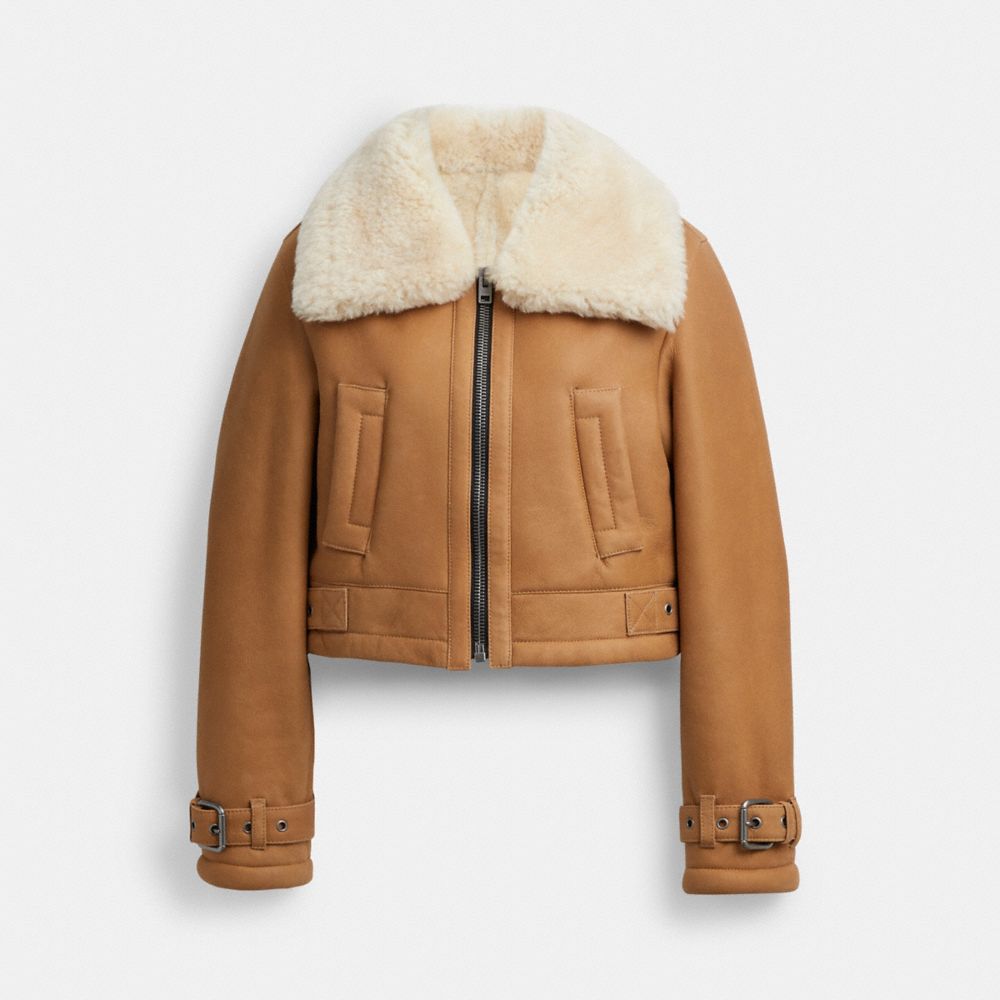 Női COACH® Cropped Shearling Aviator Kabát Barna Színes | HUBEW388