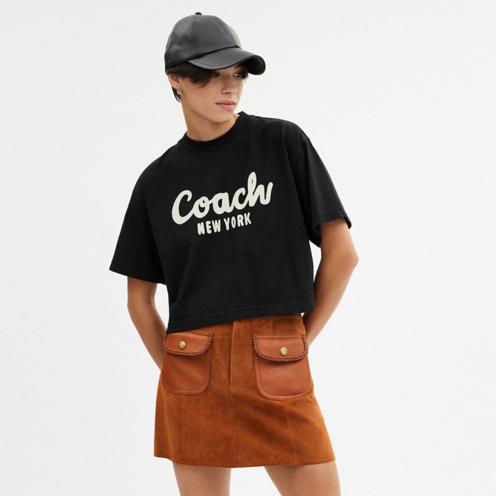 Női COACH® Cursive Signature Cropped Póló Fekete | HUZUW496