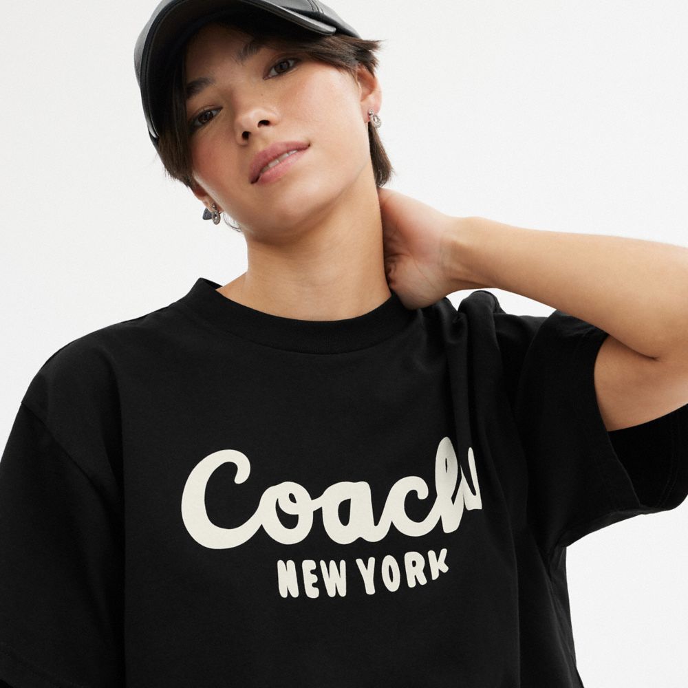 Női COACH® Cursive Signature Cropped Póló Fekete | HUZUW496