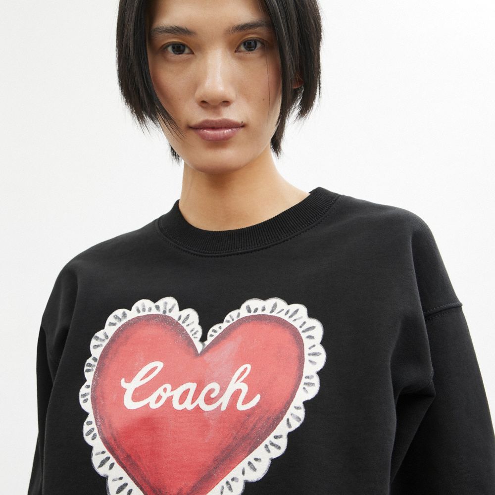 Női COACH® Heart Crewneck Pulóver Fekete | HUDFO476