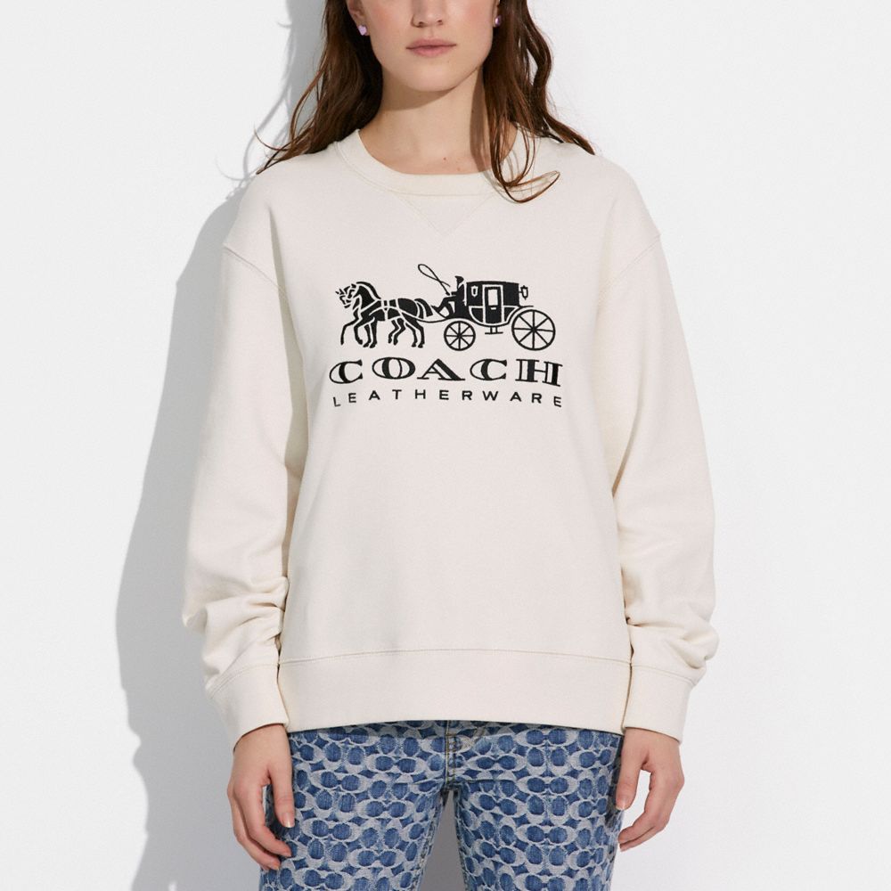 Női COACH® Horse And Carriage Crewneck In Organic Cotton Pulóver Fehér | HUNWX488