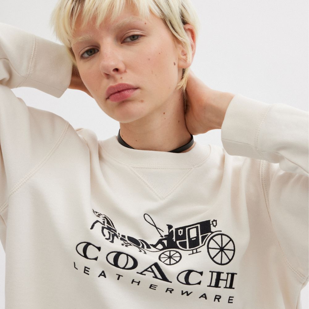 Női COACH® Horse And Carriage Crewneck Pulóver Fehér | HUBEZ487