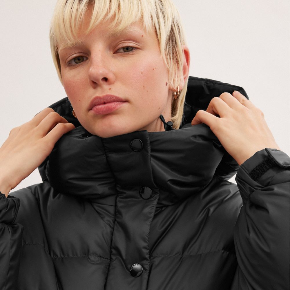 Női COACH® Mid Length Puffer Kabát Fekete | HUJPO395