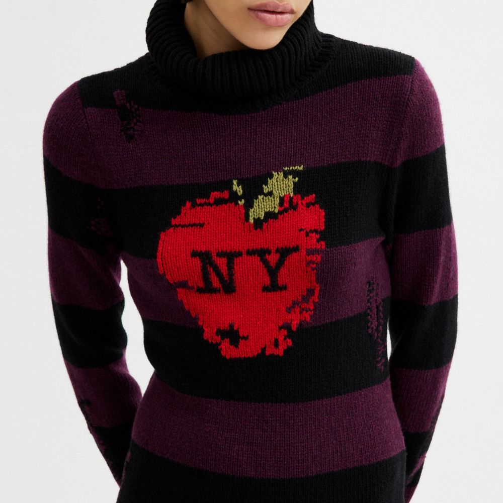 Női COACH® New York Apple Distressed Sweater Ruha Fekete | HUYXZ406