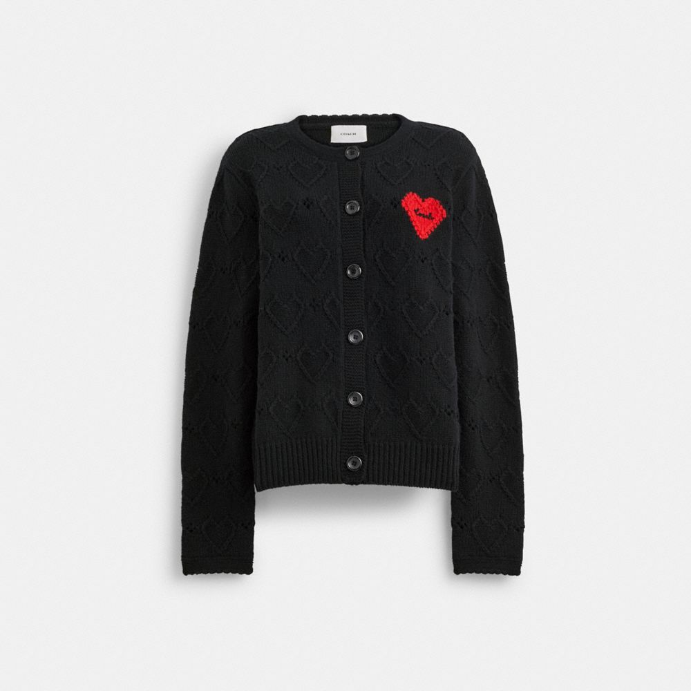 Női COACH® Pointelle Heart Cardigan Pulóver Fekete | HUGSA478