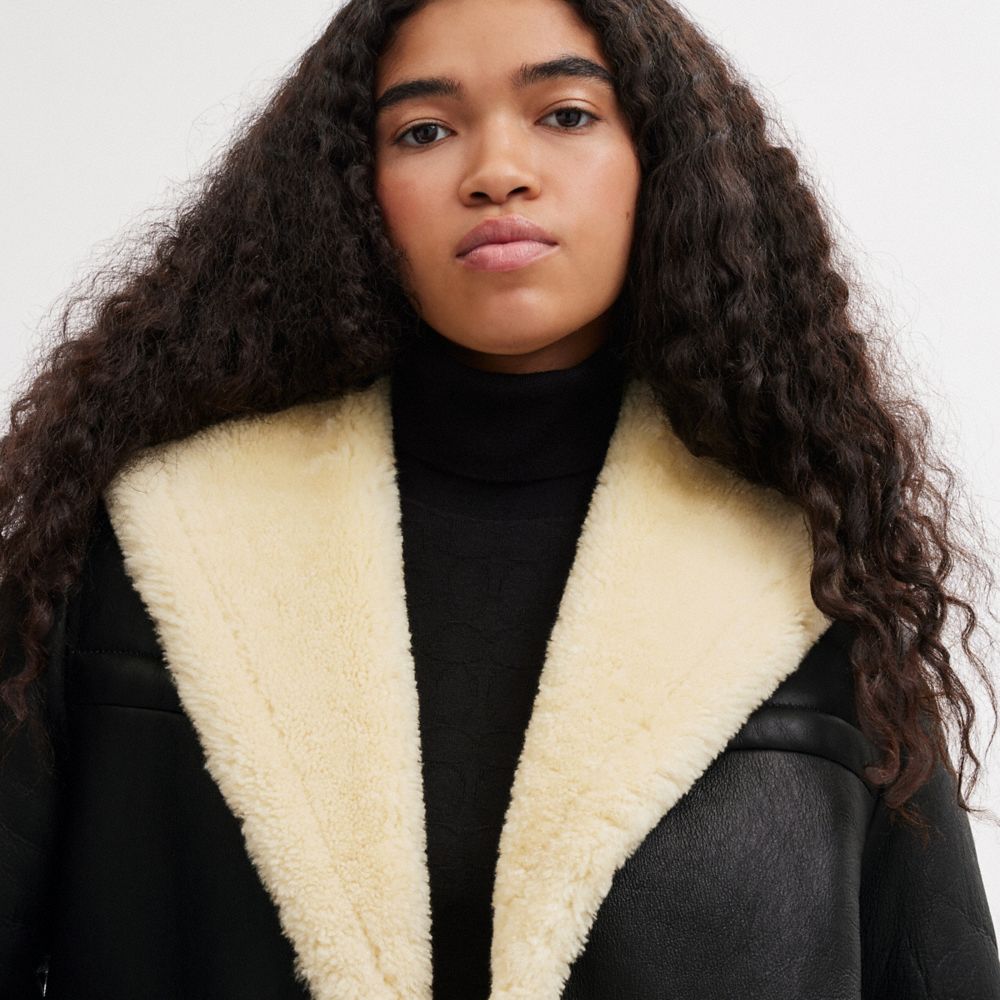 Női COACH® Shawl Collar Shearling Kabát Fekete | HUGSA397