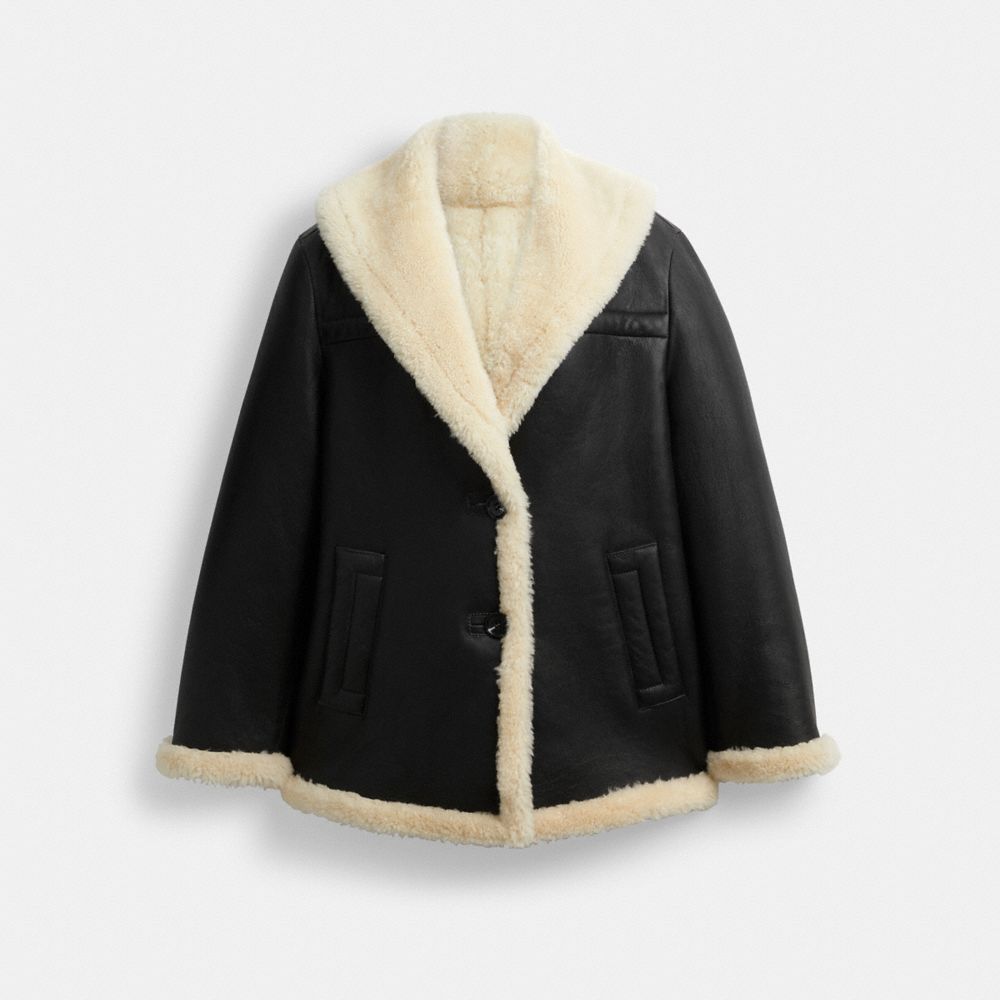 Női COACH® Shawl Collar Shearling Kabát Fekete | HUGSA397