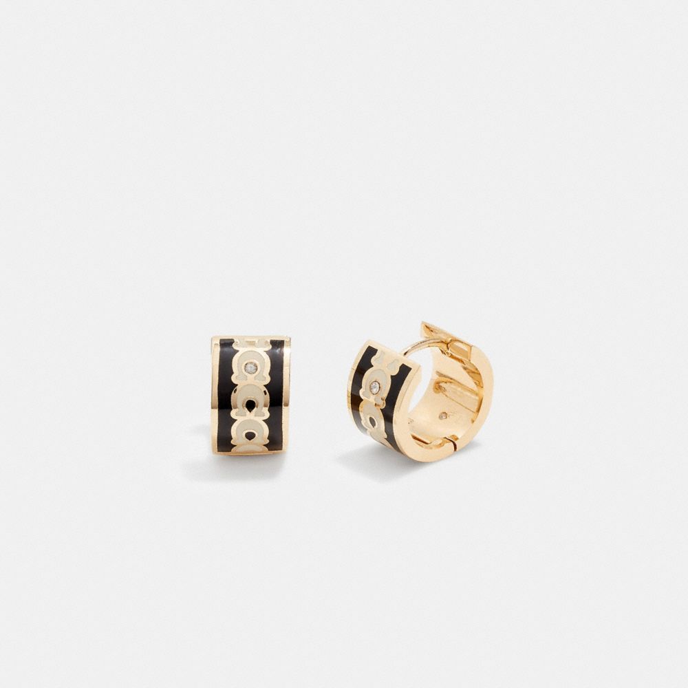 Női COACH® Signature Enamel Hoop Earring Arany Fekete | HUILS560