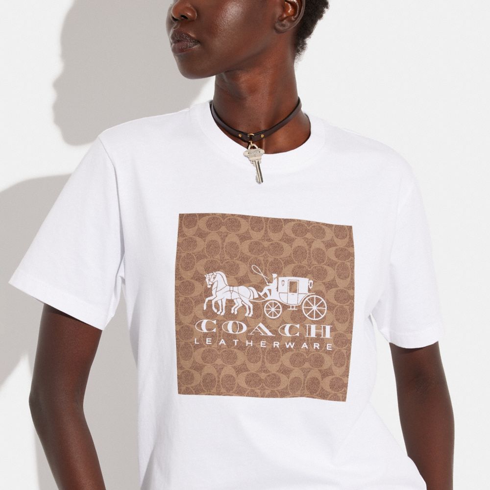 Női COACH® Signature Horse And Carriage In Organic Cotton Póló Fehér Barna | HUOKD507